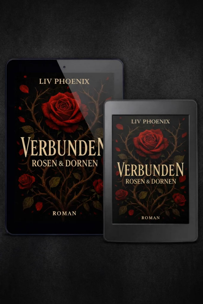 E-Book Mockup von Verbunden - Rosen & Dornen auf Tablet und E-Reader, Cover mit roten Rosen und Dornen von Liv Phoenix