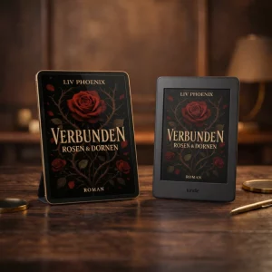 Atmosphärisches E-Book Mockup der Supporter-Edition von Verbunden – Rosen & Dornen auf einem rustikalen Holztisch, im Hintergrund das herbstliche Soest-Feeling