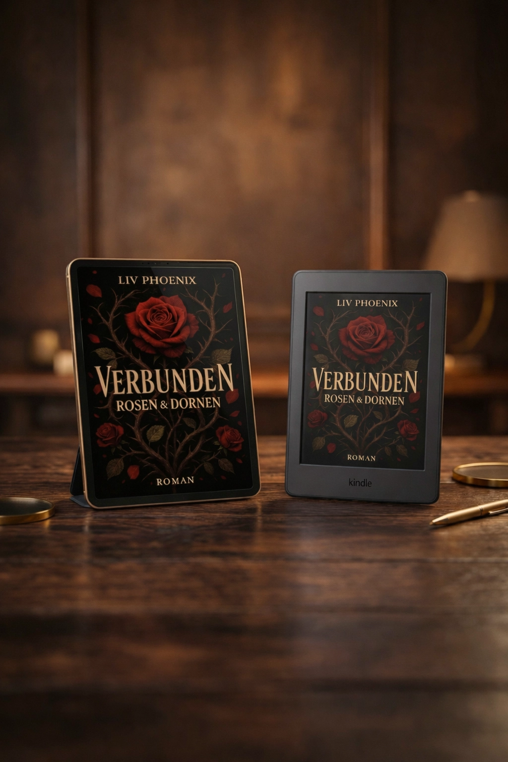 Atmosphärisches E-Book Mockup der Supporter-Edition von Verbunden – Rosen & Dornen auf einem rustikalen Holztisch, im Hintergrund das herbstliche Soest-Feeling