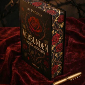 Limitierte Collector's Edition „Die Dornen-Krone“ von Verbunden – Rosen & Dornen, dem neuen Dark Romantasy Roman. Mockup Hardcover mit exklusivem Farbschnitt-Design auf rotem Samt mit goldenem Füller