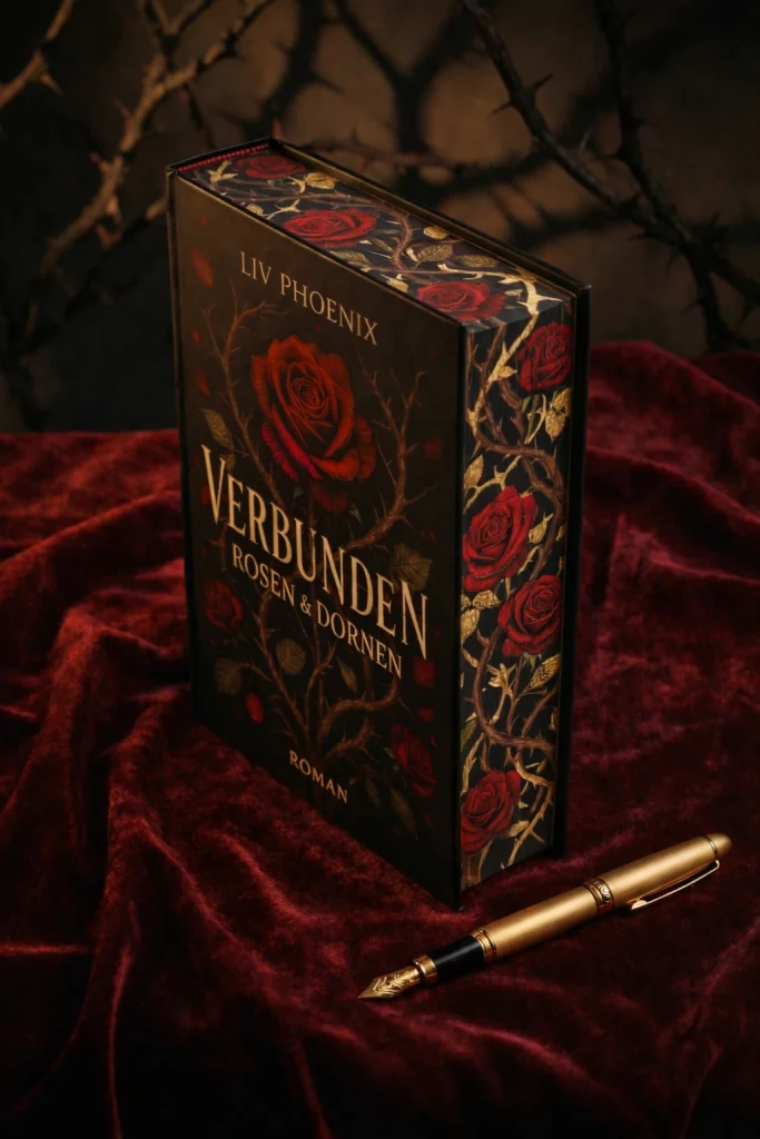 Limitierte Collector's Edition „Die Dornen-Krone“ von Verbunden – Rosen & Dornen, dem neuen Dark Romantasy Roman. Mockup Hardcover mit exklusivem Farbschnitt-Design auf rotem Samt mit goldenem Füller