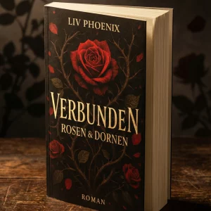 Signiertes Softcover Mockup-Buch von Verbunden – Rosen & Dornen von Liv Phoenix, präsentiert auf einem dunklen Holztisch, Dark Fantasy Ästhetik.