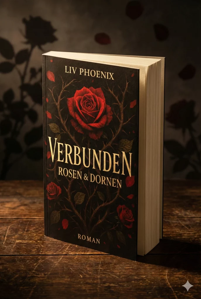 Signiertes Softcover Mockup-Buch von Verbunden – Rosen & Dornen von Liv Phoenix, präsentiert auf einem dunklen Holztisch, Dark Fantasy Ästhetik.