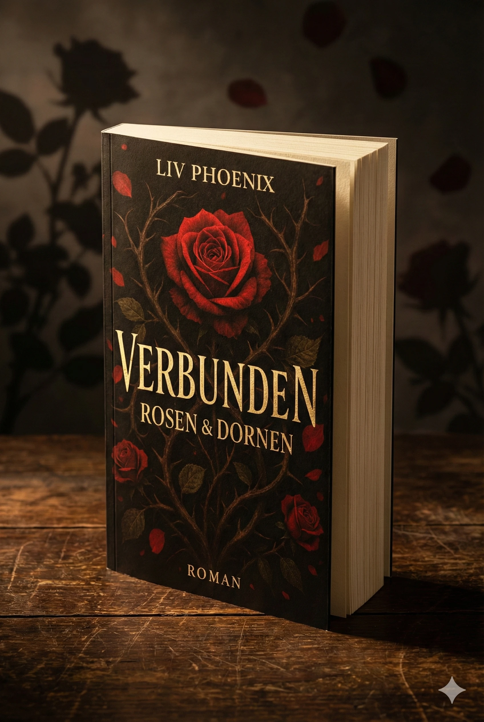 Signiertes Softcover Mockup-Buch von Verbunden – Rosen & Dornen von Liv Phoenix, präsentiert auf einem dunklen Holztisch, Dark Fantasy Ästhetik.